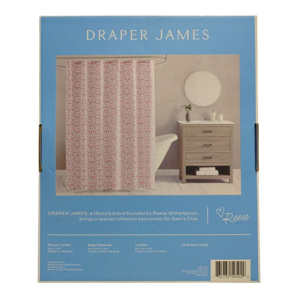 Pink - Draper James 15-Piece Bath Set, Shower Curtain, Soap Dispenser, Tumbler, - Picture 2 of 2